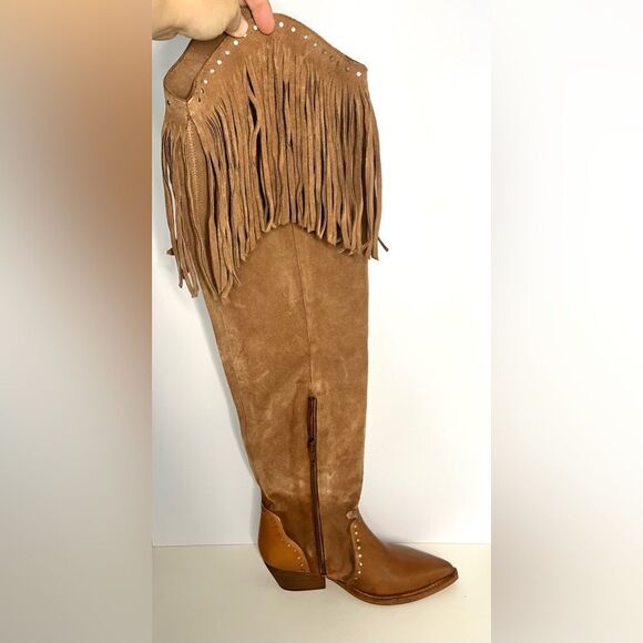 Free People Wayne Fringe Suede Over The Knee Leather Western Boots Brown 6 NIB - Picture 5 of 16